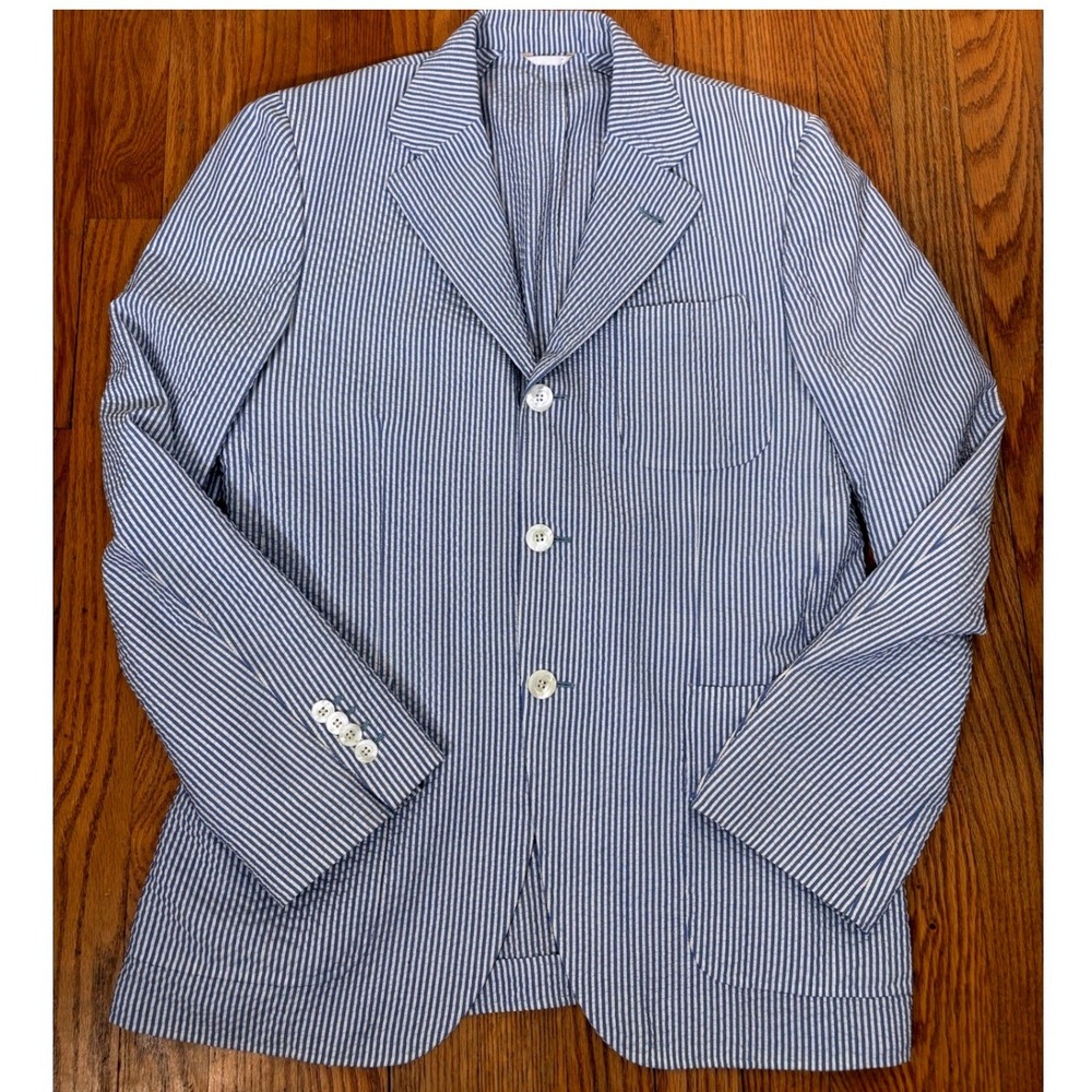 Eredi Pisano Blue White Seersucker Striped 3-Button Blazer Men's It 48 US 38